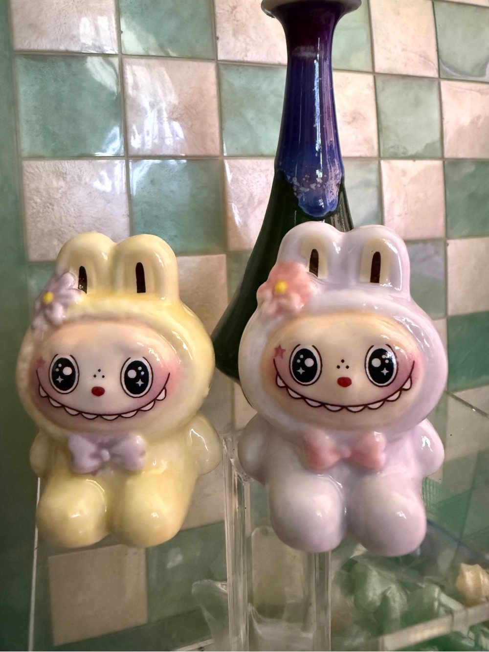 Cute Labubu Lafufu Pastel Bunny Ceramic Figurines - Yellow and Pink